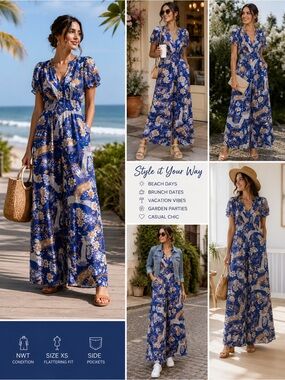 Anthropologie Floral Bohemian Pockets Wide leg Blue Maxi Jumpsuit XS NWT